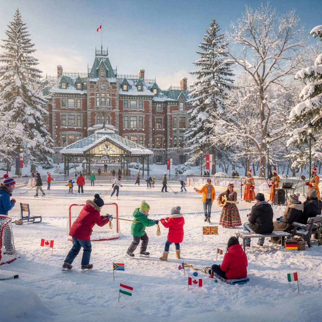 A snowy landscape featuring an ornate building as the backdrop. People are ice skating on a rink while others participate in activities like tug-of-war. The area is decorated with national flags, including those of Canada and Italy, contributing to a festive atmosphere. Adults and children are enjoying various winter activities in this lively scene.