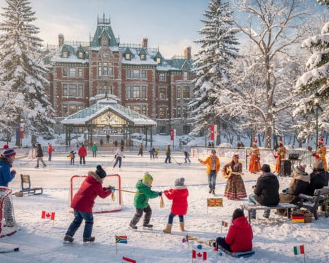 A snowy landscape featuring an ornate building as the backdrop. People are ice skating on a rink while others participate in activities like tug-of-war. The area is decorated with national flags, including those of Canada and Italy, contributing to a festive atmosphere. Adults and children are enjoying various winter activities in this lively scene.