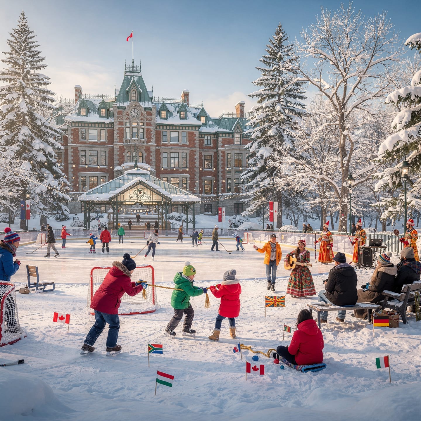 A snowy landscape featuring an ornate building as the backdrop. People are ice skating on a rink while others participate in activities like tug-of-war. The area is decorated with national flags, including those of Canada and Italy, contributing to a festive atmosphere. Adults and children are enjoying various winter activities in this lively scene.