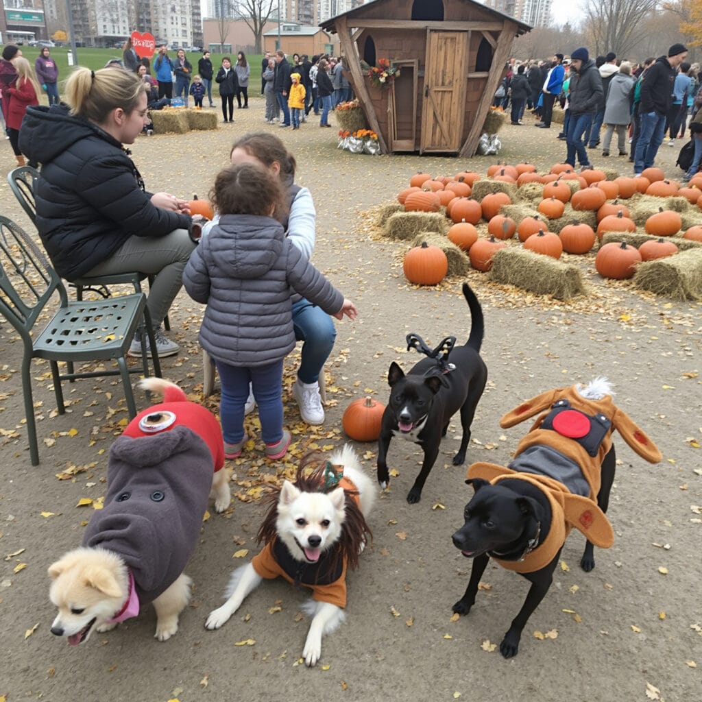 A lively autumn scene at a pumpkin patch featuring people enjoying seasonal activities. In the foreground, four dogs are dressed in adorable costumes, with a small child and an adult pushing a stroller nearby. Pumpkins are arranged on hay bales, and a wooden shed decorated with flowers adds charm to the background.