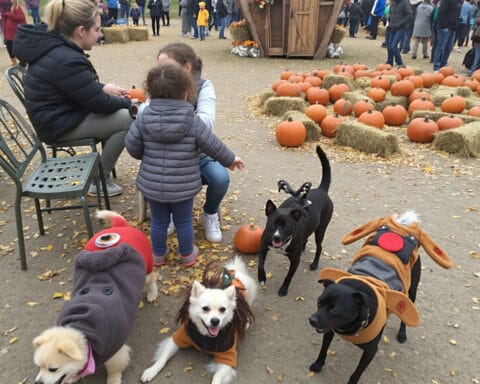 A lively autumn scene at a pumpkin patch featuring people enjoying seasonal activities. In the foreground, four dogs are dressed in adorable costumes, with a small child and an adult pushing a stroller nearby. Pumpkins are arranged on hay bales, and a wooden shed decorated with flowers adds charm to the background.
