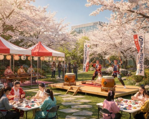 A lively outdoor festival, Sakura Fest, celebrating Japanese culture under cherry blossom trees. Performers in traditional attire play taiko drums on a wooden stage. Nearby, people engage in crafts and art activities at tables. Colorful tents with lanterns and banners reading 'Sakura Fest' add to the festive and cultural atmosphere.