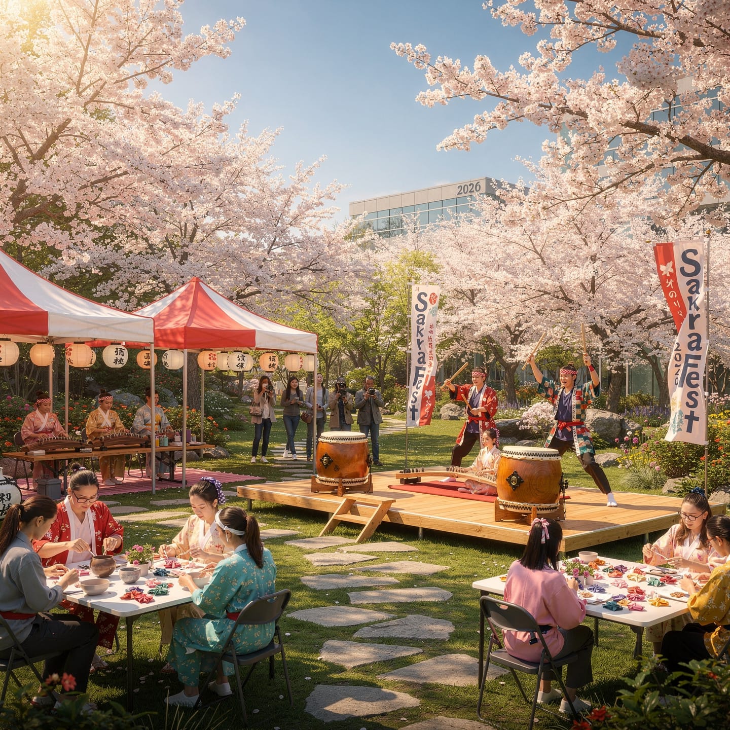 A lively outdoor festival, Sakura Fest, celebrating Japanese culture under cherry blossom trees. Performers in traditional attire play taiko drums on a wooden stage. Nearby, people engage in crafts and art activities at tables. Colorful tents with lanterns and banners reading 'Sakura Fest' add to the festive and cultural atmosphere.