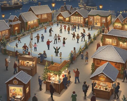 A festive winter scene featuring an outdoor ice skating rink surrounded by charming wooden buildings and market stalls. Twinkling lights and snow-covered rooftops enhance the cozy, holiday atmosphere. People are joyfully ice skating and browsing the stalls, creating a lively and cheerful environment.