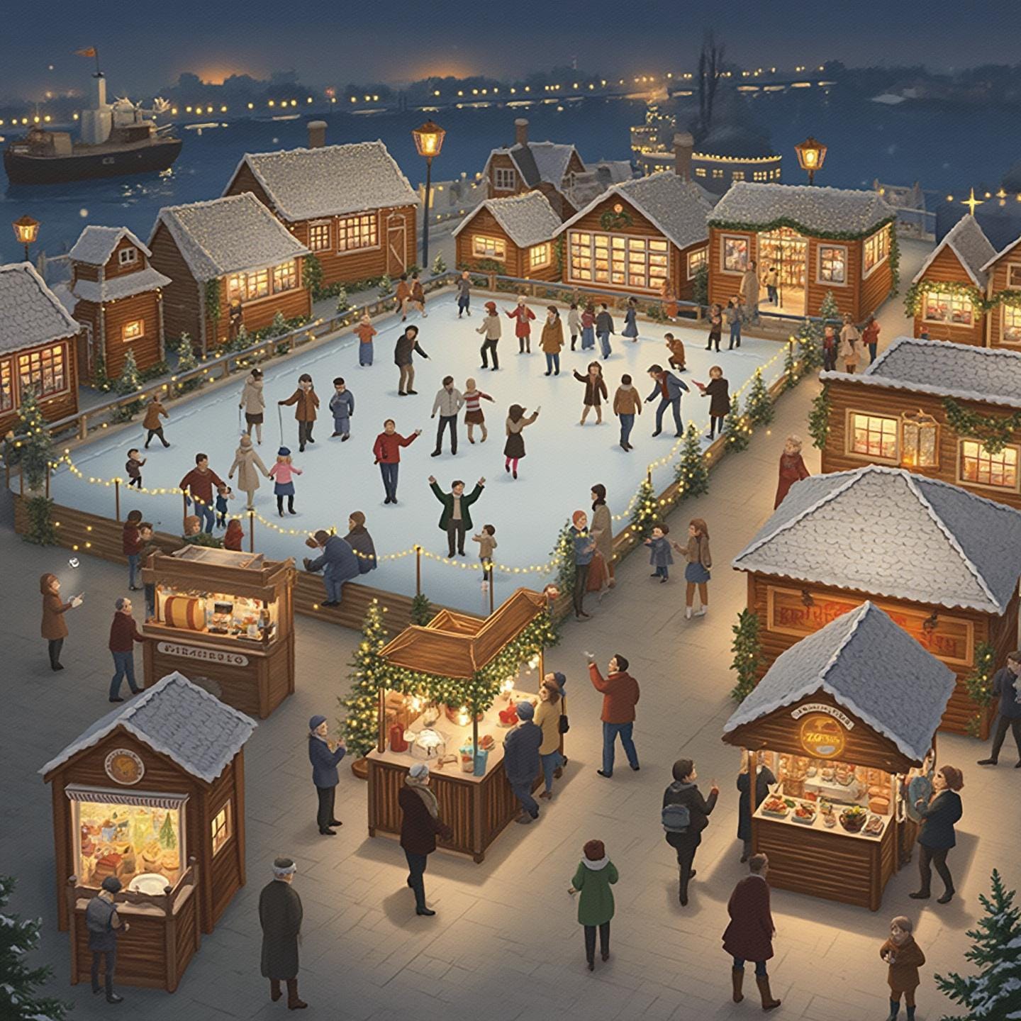 A festive winter scene featuring an outdoor ice skating rink surrounded by charming wooden buildings and market stalls. Twinkling lights and snow-covered rooftops enhance the cozy, holiday atmosphere. People are joyfully ice skating and browsing the stalls, creating a lively and cheerful environment.
