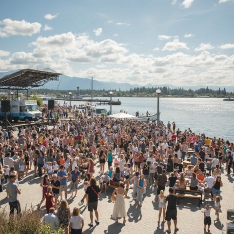 A large outdoor festival featuring a crowd of people socializing near a scenic body of water with mountains and trees in the background. The event includes food trucks, a stage setup, and a lively atmosphere on a sunny day under a bright sky.