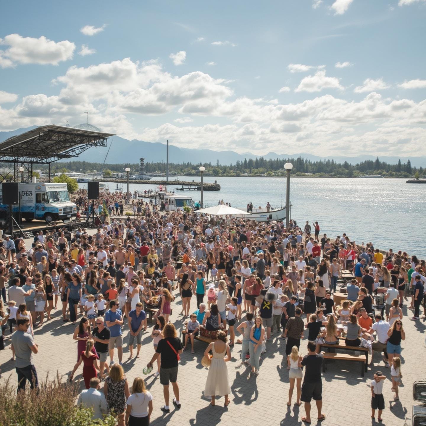 A large outdoor festival featuring a crowd of people socializing near a scenic body of water with mountains and trees in the background. The event includes food trucks, a stage setup, and a lively atmosphere on a sunny day under a bright sky.