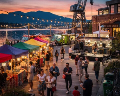 A lively outdoor market scene at sunset, featuring colorful vendor tents, string lights, and food trucks. People walk around, some carrying food or drinks, while a stage with musicians performs near a body of water. A large crane is visible in the background, framed by scenic mountains and a warm evening glow.