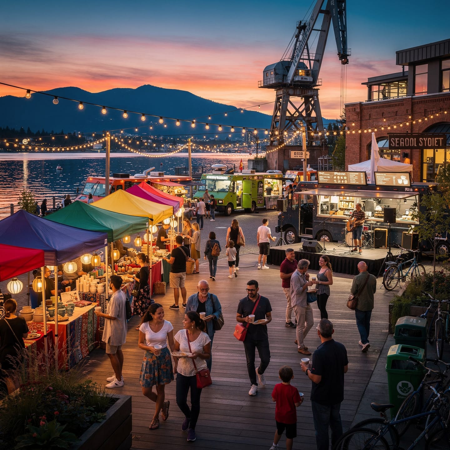 A lively outdoor market scene at sunset, featuring colorful vendor tents, string lights, and food trucks. People walk around, some carrying food or drinks, while a stage with musicians performs near a body of water. A large crane is visible in the background, framed by scenic mountains and a warm evening glow.