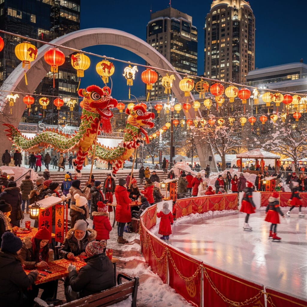 A vibrant winter evening scene featuring a skating rink with people skating, surrounded by colorful red lanterns and bright dragon figures. Snow-covered surroundings and tall buildings in the background indicate a city setting. Many people are gathered, some enjoying the event at nearby tables. The decorations and atmosphere suggest a cultural celebration, possibly Chinese New Year.