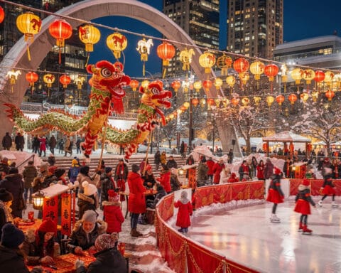 A vibrant winter evening scene featuring a skating rink with people skating, surrounded by colorful red lanterns and bright dragon figures. Snow-covered surroundings and tall buildings in the background indicate a city setting. Many people are gathered, some enjoying the event at nearby tables. The decorations and atmosphere suggest a cultural celebration, possibly Chinese New Year.