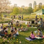 A lively Earth Day event taking place in a park with people engaging in activities like planting saplings near a small campfire, sitting on yoga mats reading and listening to stories, and walking among blooming flowers and trees. A tent with a banner reading 'Earth Day' is visible, with a city skyline in the background.