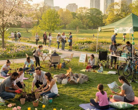 A lively Earth Day event taking place in a park with people engaging in activities like planting saplings near a small campfire, sitting on yoga mats reading and listening to stories, and walking among blooming flowers and trees. A tent with a banner reading 'Earth Day' is visible, with a city skyline in the background.