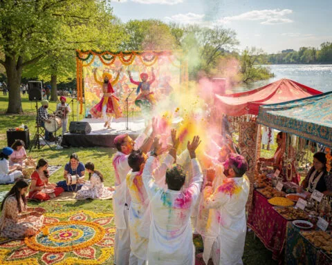 A vibrant outdoor festival with people wearing traditional Indian clothing celebrating the Holi festival. The scene includes participants throwing colored powders, a stage with dancers and musicians, food stalls, and intricate ground decorations. The atmosphere is festive and colorful.