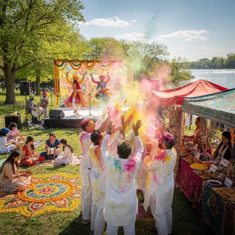 A vibrant outdoor festival with people wearing traditional Indian clothing celebrating the Holi festival. The scene includes participants throwing colored powders, a stage with dancers and musicians, food stalls, and intricate ground decorations. The atmosphere is festive and colorful.