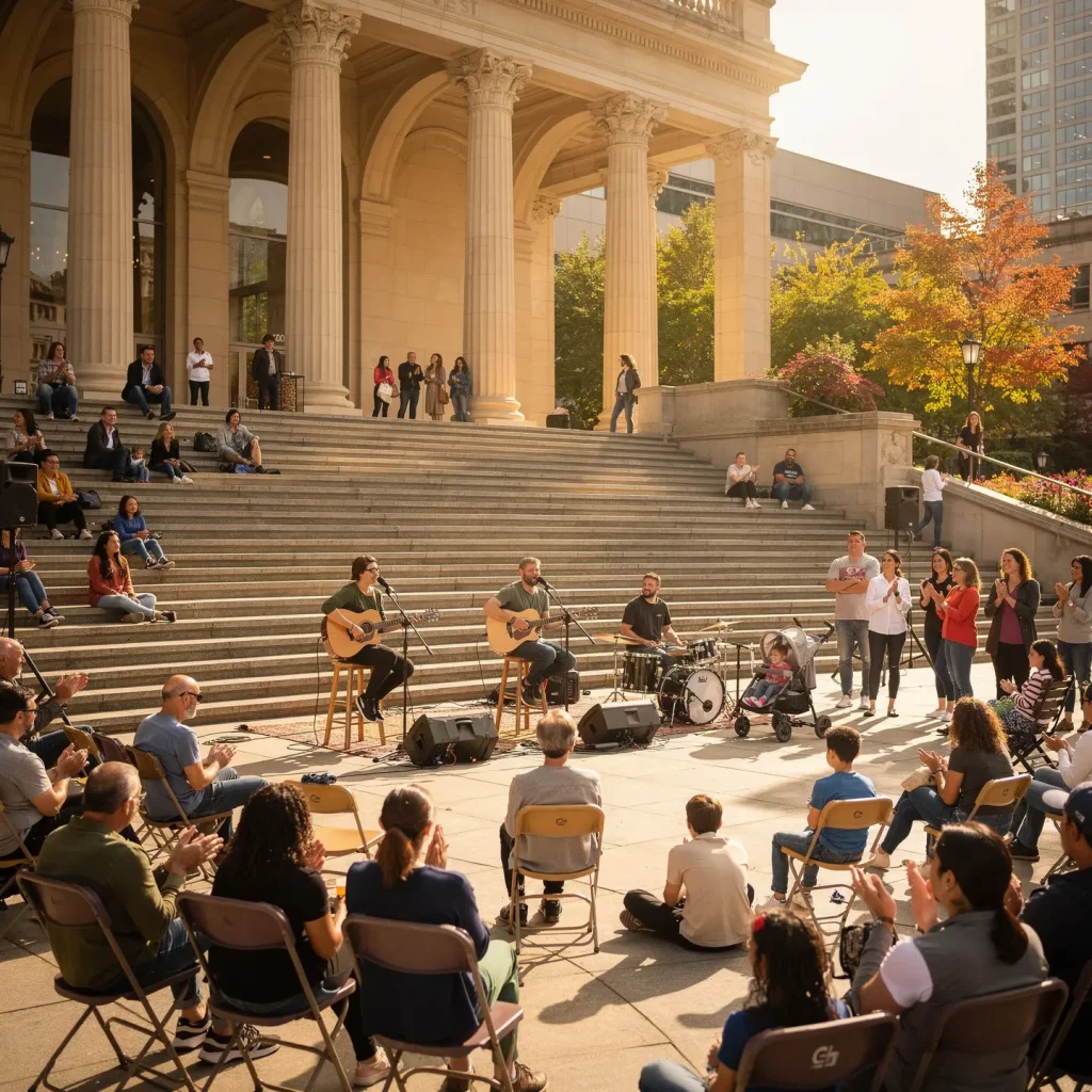 A lively outdoor musical performance featuring two guitarists and a drummer playing on steps in front of a building with large columns. An engaged audience sits on chairs or stands nearby, applauding and enjoying the music. The scene is set in daylight with sunlight illuminating the area and greenery visible in the background.