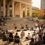 A lively outdoor musical performance featuring two guitarists and a drummer playing on steps in front of a building with large columns. An engaged audience sits on chairs or stands nearby, applauding and enjoying the music. The scene is set in daylight with sunlight illuminating the area and greenery visible in the background.