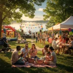 A vibrant outdoor festival by a lake featuring people enjoying various activities such as picnicking, watching live music, and participating in art or craft activities under tents. There is also a bouncy castle, colorful balloons, and pennant banners enhancing the festive atmosphere.