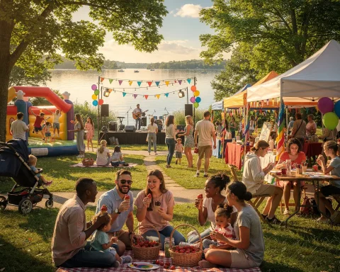 A vibrant outdoor festival by a lake featuring people enjoying various activities such as picnicking, watching live music, and participating in art or craft activities under tents. There is also a bouncy castle, colorful balloons, and pennant banners enhancing the festive atmosphere.