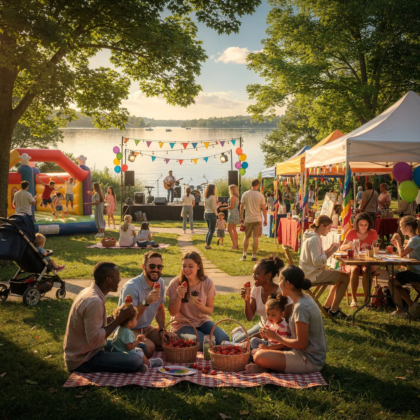 A vibrant outdoor festival by a lake featuring people enjoying various activities such as picnicking, watching live music, and participating in art or craft activities under tents. There is also a bouncy castle, colorful balloons, and pennant banners enhancing the festive atmosphere.