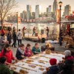 A festive outdoor scene by a waterfront with people enjoying activities like making maple taffy on snow. Canadian flags and decorations suggest a Canadian-themed event or festival. In the background, there is a small stage with performers, a food stand offering treats, and a scenic backdrop of the city skyline and water.