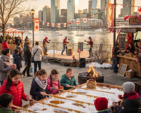 A festive outdoor scene by a waterfront with people enjoying activities like making maple taffy on snow. Canadian flags and decorations suggest a Canadian-themed event or festival. In the background, there is a small stage with performers, a food stand offering treats, and a scenic backdrop of the city skyline and water.