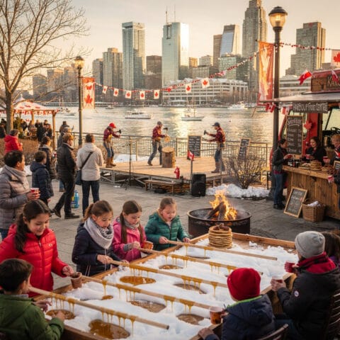 A festive outdoor scene by a waterfront with people enjoying activities like making maple taffy on snow. Canadian flags and decorations suggest a Canadian-themed event or festival. In the background, there is a small stage with performers, a food stand offering treats, and a scenic backdrop of the city skyline and water.