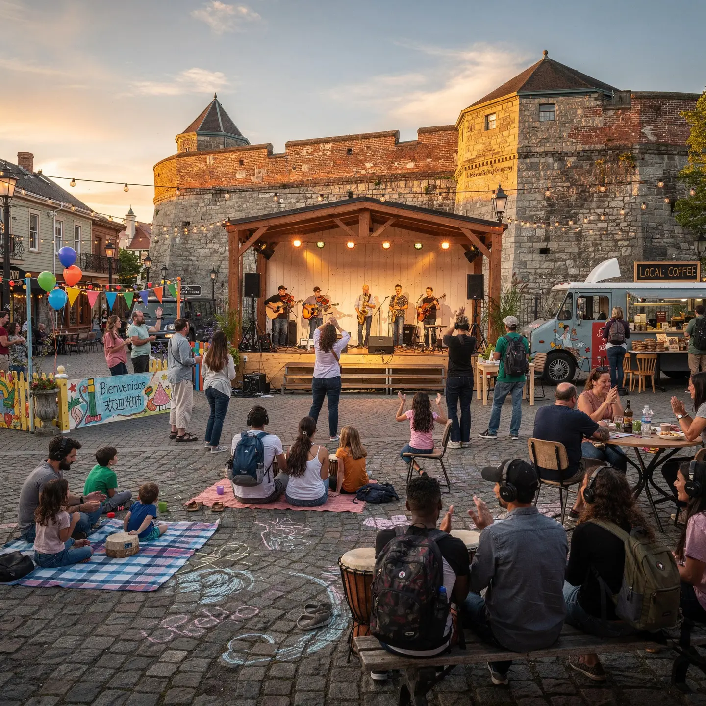 An outdoor event in a plaza with people gathered to watch a live band performing on a stage. String lights hang overhead, creating a warm ambiance. Attendees are seated on blankets and at tables with food and drinks, while children draw with chalk on the pavement. A food truck labeled 'Local Coffee' is parked nearby, and festive decorations include balloons and a banner that reads 'Bienvenidos.' The setting is in front of a historic building or fort, enhancing the communal and celebratory atmosphere.