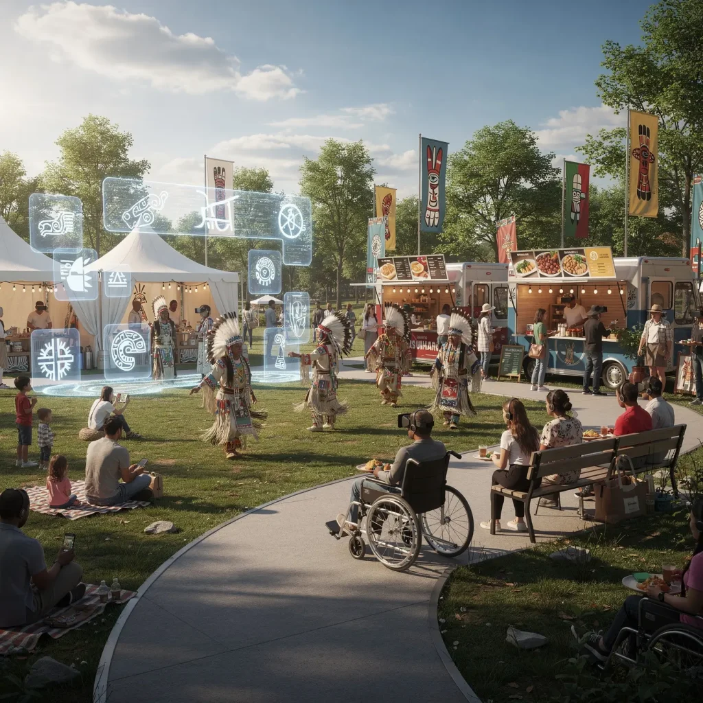 A lively outdoor festival scene featuring people sitting on the grass and a bench, enjoying the event. Performers in traditional attire are dancing, while food trucks and tents with colorful banners are visible in the background. A holographic display projects digital symbols above the ground, blending tradition with modern technology in a festive, communal atmosphere.