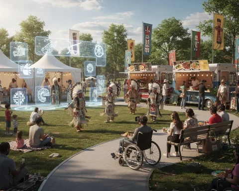 A lively outdoor festival scene featuring people sitting on the grass and a bench, enjoying the event. Performers in traditional attire are dancing, while food trucks and tents with colorful banners are visible in the background. A holographic display projects digital symbols above the ground, blending tradition with modern technology in a festive, communal atmosphere.