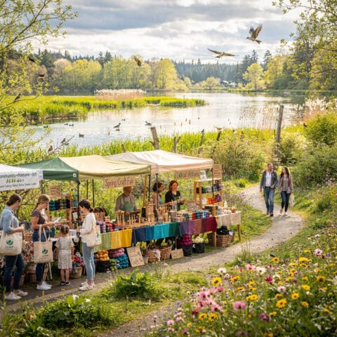A scenic outdoor craft fair by a lakeside, featuring stalls under tents with signs like 'Spring Craft Fair' and 'Local Artisans.' People are browsing colorful handmade goods, such as yarn and crafts. In the background, a serene lake is surrounded by greenery, trees, and blooming flowers, with birds flying overhead, creating a lively and picturesque atmosphere.