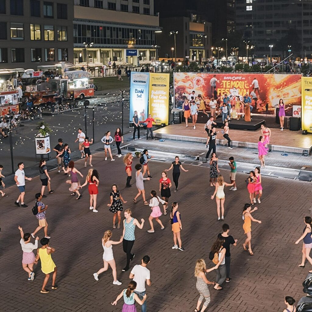 A vibrant outdoor event featuring people dancing on a plaza with a stage and performers in the background. The scene includes string lights, food trucks, and groups of attendees dancing together, creating a festive and celebratory atmosphere.