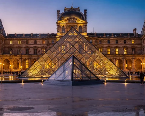 The Louvre Pyramid in Paris, France, illuminated during the evening. The large glass and metal pyramid serves as the main entrance to the Louvre Museum, surrounded by the historic Louvre Palace.