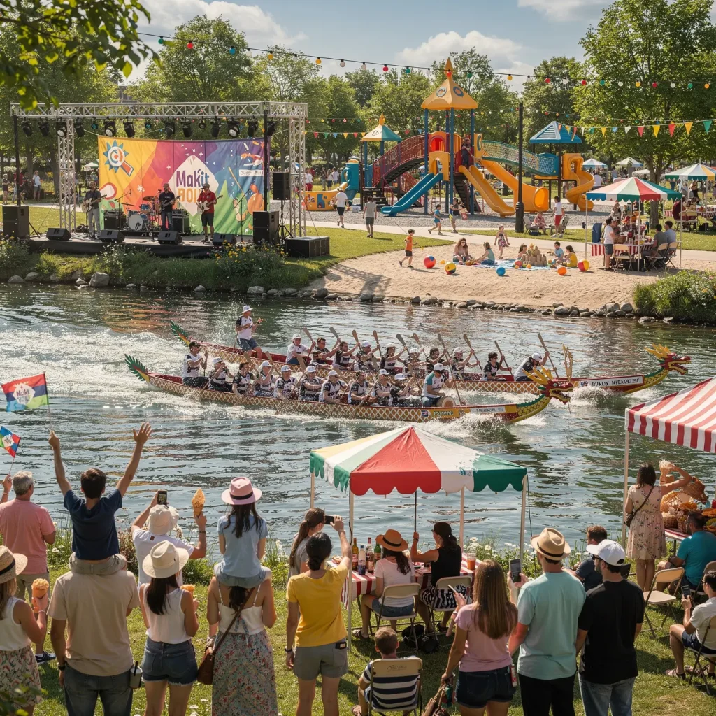 A lively festival scene by a riverside with a dragon boat race on the river. A team is paddling in unison as spectators cheer along the water's edge. Some people are sitting under striped tents, while others enjoy the festival activities. In the background, there is a colorful playground and a stage where a band is performing. The area is adorned with festive bunting, creating a joyful atmosphere with various activities and people celebrating the event.