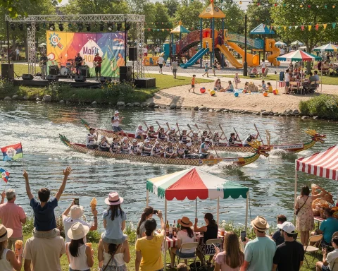 A lively festival scene by a riverside with a dragon boat race on the river. A team is paddling in unison as spectators cheer along the water's edge. Some people are sitting under striped tents, while others enjoy the festival activities. In the background, there is a colorful playground and a stage where a band is performing. The area is adorned with festive bunting, creating a joyful atmosphere with various activities and people celebrating the event.