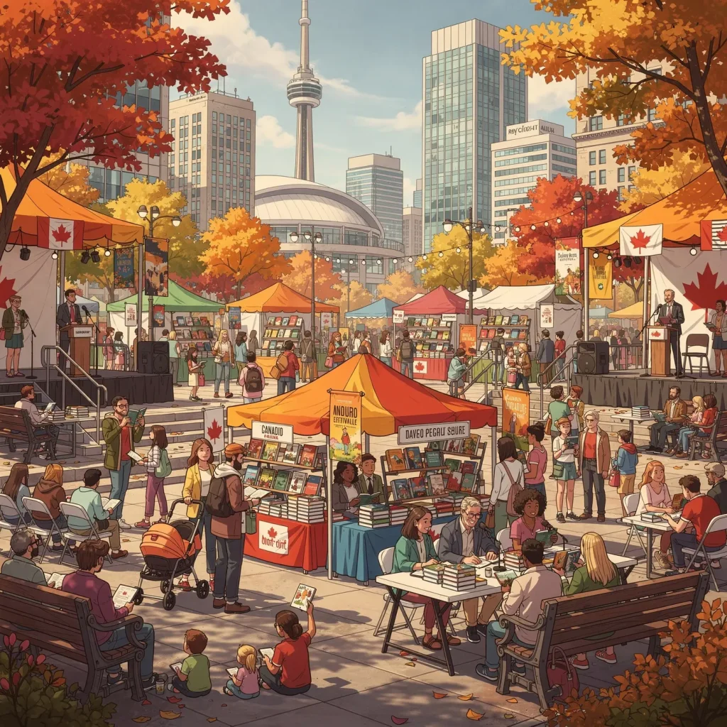 An outdoor book fair set against an urban skyline with a prominent tower and Canadian flags visible. Numerous colorful tents cover booths displaying books. People of all ages browse stalls, read, and interact. The setting is in autumn, with trees showcasing vivid fall colors, contributing to the lively, festive atmosphere.