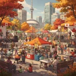 An outdoor book fair set against an urban skyline with a prominent tower and Canadian flags visible. Numerous colorful tents cover booths displaying books. People of all ages browse stalls, read, and interact. The setting is in autumn, with trees showcasing vivid fall colors, contributing to the lively, festive atmosphere.