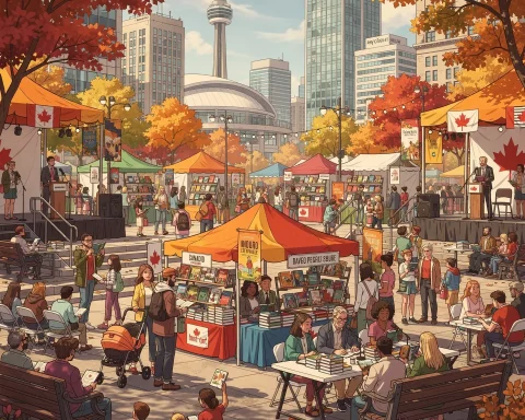 An outdoor book fair set against an urban skyline with a prominent tower and Canadian flags visible. Numerous colorful tents cover booths displaying books. People of all ages browse stalls, read, and interact. The setting is in autumn, with trees showcasing vivid fall colors, contributing to the lively, festive atmosphere.