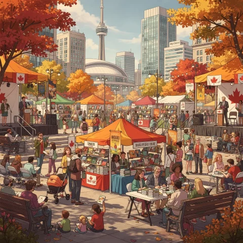 An outdoor book fair set against an urban skyline with a prominent tower and Canadian flags visible. Numerous colorful tents cover booths displaying books. People of all ages browse stalls, read, and interact. The setting is in autumn, with trees showcasing vivid fall colors, contributing to the lively, festive atmosphere.