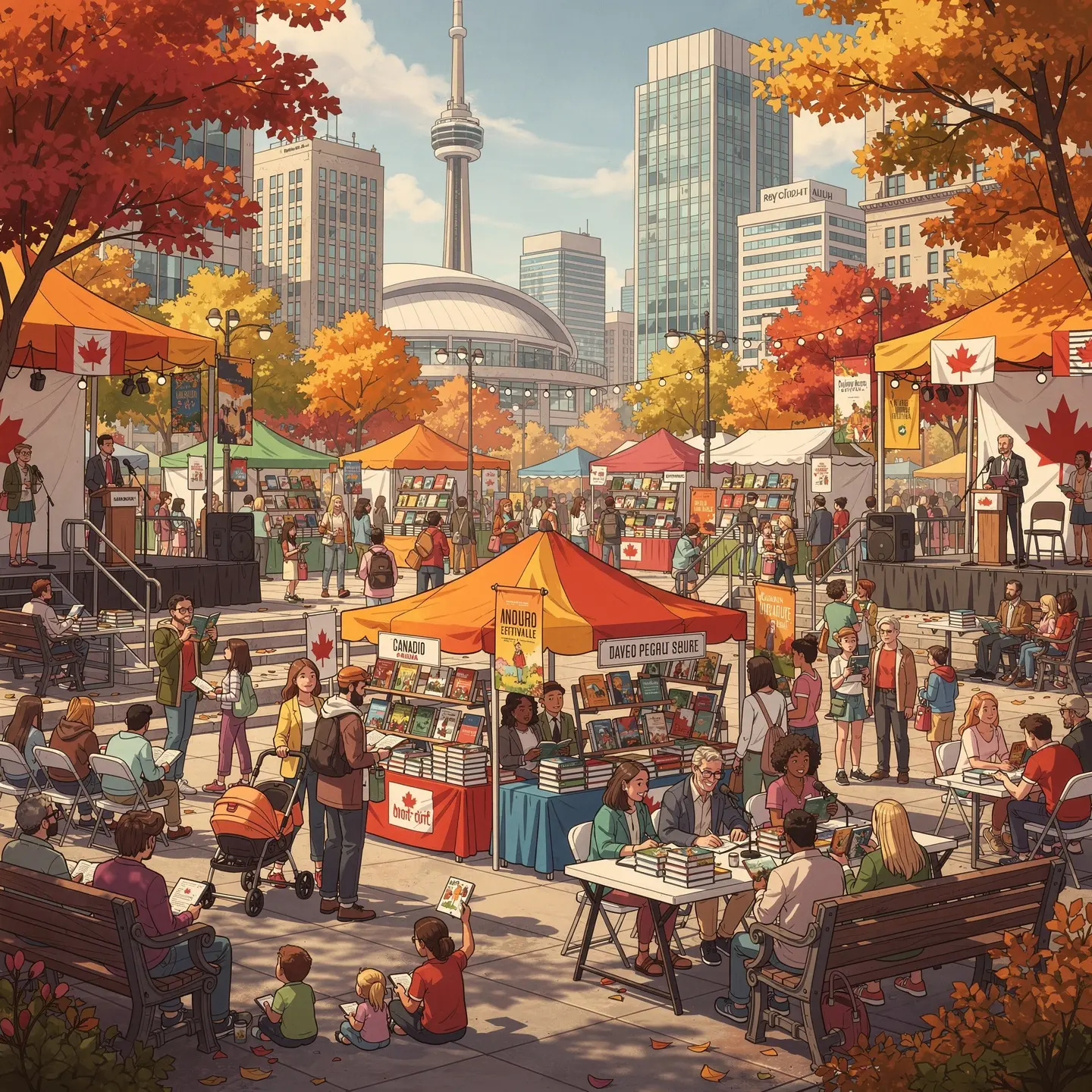 An outdoor book fair set against an urban skyline with a prominent tower and Canadian flags visible. Numerous colorful tents cover booths displaying books. People of all ages browse stalls, read, and interact. The setting is in autumn, with trees showcasing vivid fall colors, contributing to the lively, festive atmosphere.