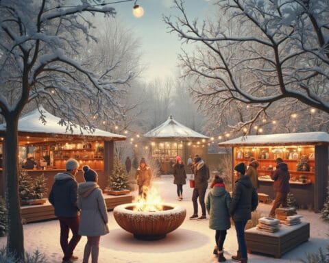 A charming winter market scene featuring people gathered around a large fire pit. Snow-covered trees and festive market stalls surround the area, with string lights overhead creating a warm and inviting atmosphere. The stalls are selling various items, adding to the lively and cozy environment.