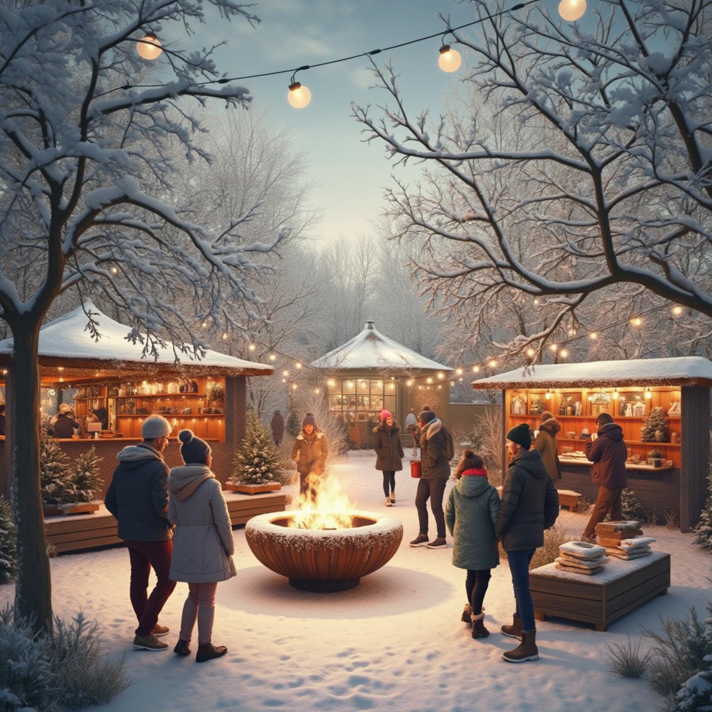 A charming winter market scene featuring people gathered around a large fire pit. Snow-covered trees and festive market stalls surround the area, with string lights overhead creating a warm and inviting atmosphere. The stalls are selling various items, adding to the lively and cozy environment.