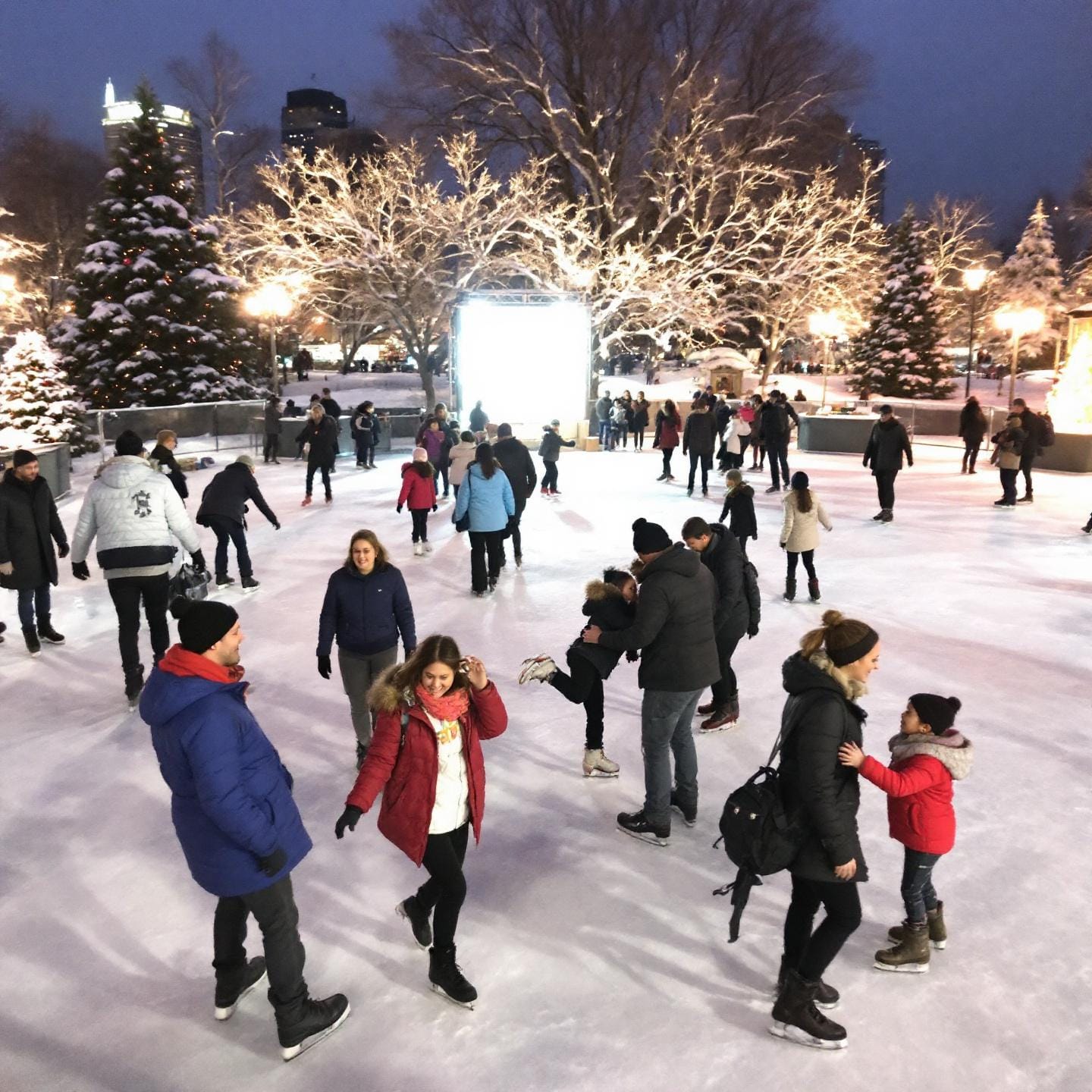 An outdoor ice skating rink with many people skating, surrounded by snow-covered trees and holiday lights. Adults and children are enjoying skating under an evening sky, creating a lively and festive winter atmosphere.