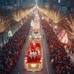 A festive holiday parade featuring a decorated float with people dressed as Santa Claus. Crowds of spectators line the street, which is illuminated by lights on nearby trees. Tall urban buildings form the background, adding to the celebratory atmosphere.