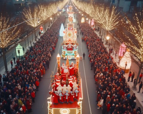 A festive holiday parade featuring a decorated float with people dressed as Santa Claus. Crowds of spectators line the street, which is illuminated by lights on nearby trees. Tall urban buildings form the background, adding to the celebratory atmosphere.