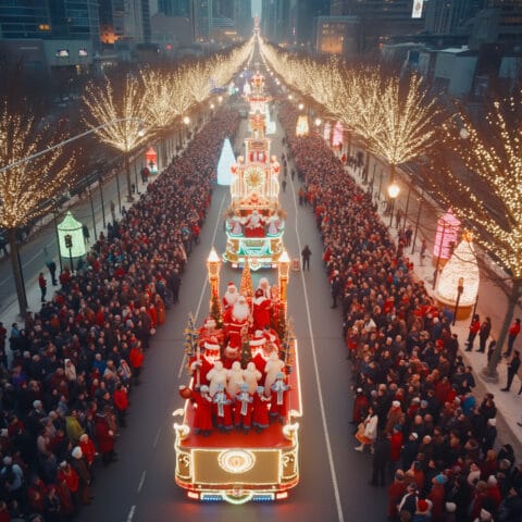 A festive holiday parade featuring a decorated float with people dressed as Santa Claus. Crowds of spectators line the street, which is illuminated by lights on nearby trees. Tall urban buildings form the background, adding to the celebratory atmosphere.