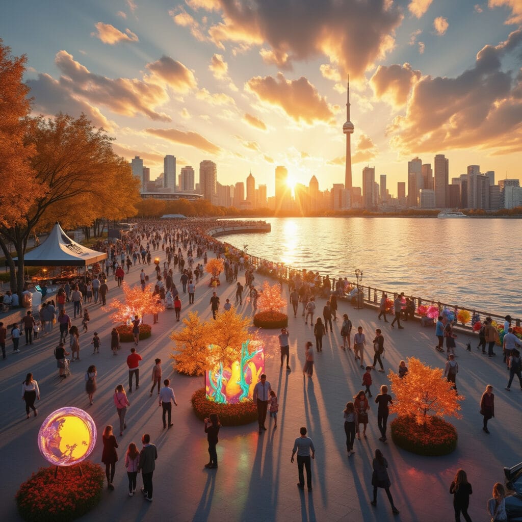 A scenic waterfront promenade during sunset with people strolling along. The skyline in the background includes a distinctive tower. Autumn-colored trees line the area, and vibrant, illuminated sculptures or installations add a festive atmosphere. The scene captures a bustling, urban outdoor event or festival in a lively environment.