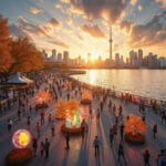 A scenic waterfront promenade during sunset with people strolling along. The skyline in the background includes a distinctive tower. Autumn-colored trees line the area, and vibrant, illuminated sculptures or installations add a festive atmosphere. The scene captures a bustling, urban outdoor event or festival in a lively environment.