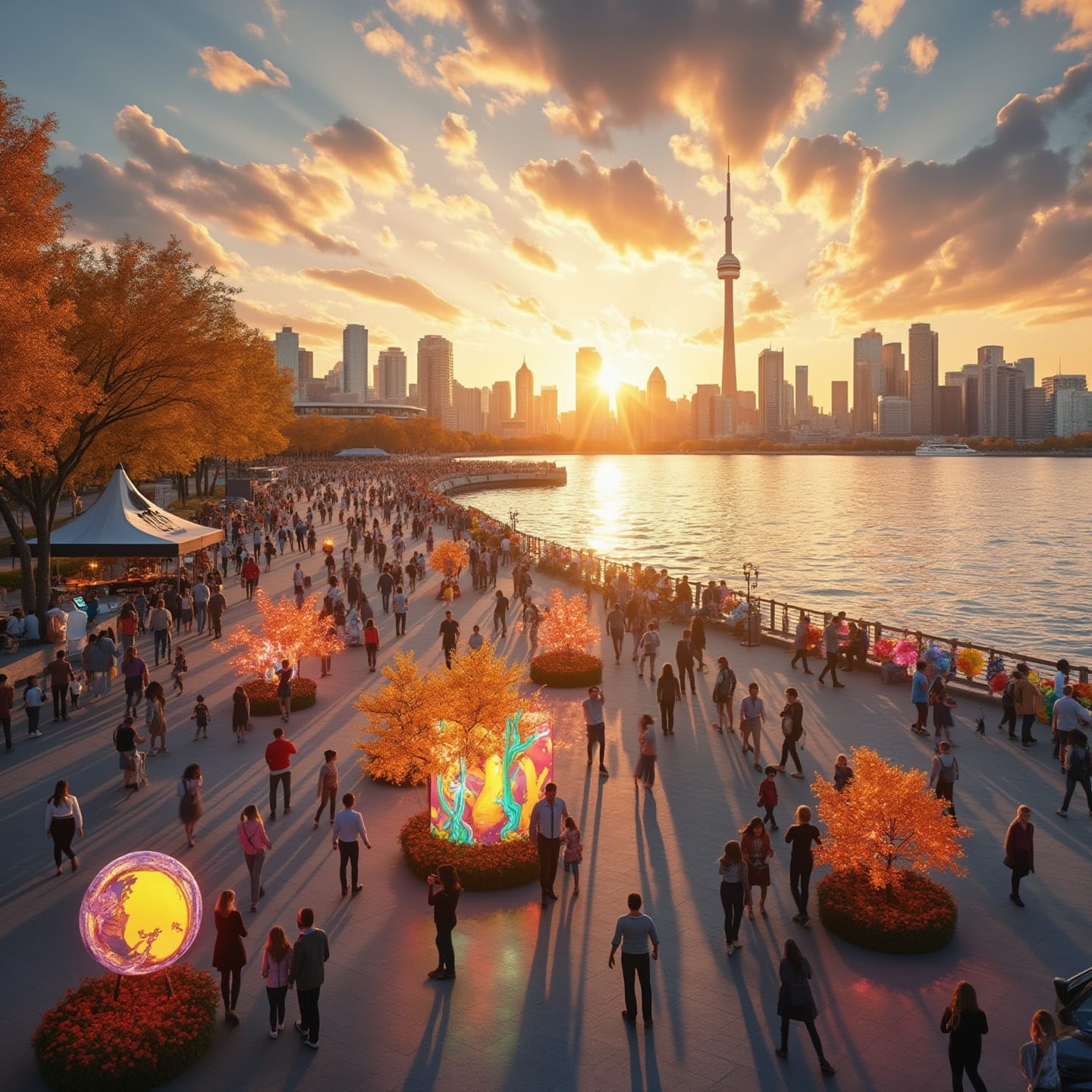 A scenic waterfront promenade during sunset with people strolling along. The skyline in the background includes a distinctive tower. Autumn-colored trees line the area, and vibrant, illuminated sculptures or installations add a festive atmosphere. The scene captures a bustling, urban outdoor event or festival in a lively environment.
