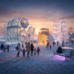 A winter scene featuring people walking in a snowy area surrounded by illuminated, transparent geometric sculptures and a tunnel-like structure with lights. The setting sun casts a warm glow, creating a contrast with the cool, snowy environment. The people, dressed in winter clothing, enhance the festive and recreational atmosphere.
